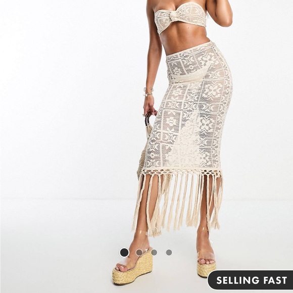 ASOS DESIGN Crochet Lace Maxi Beach Skirt with Fringe - Picture 3 of 10